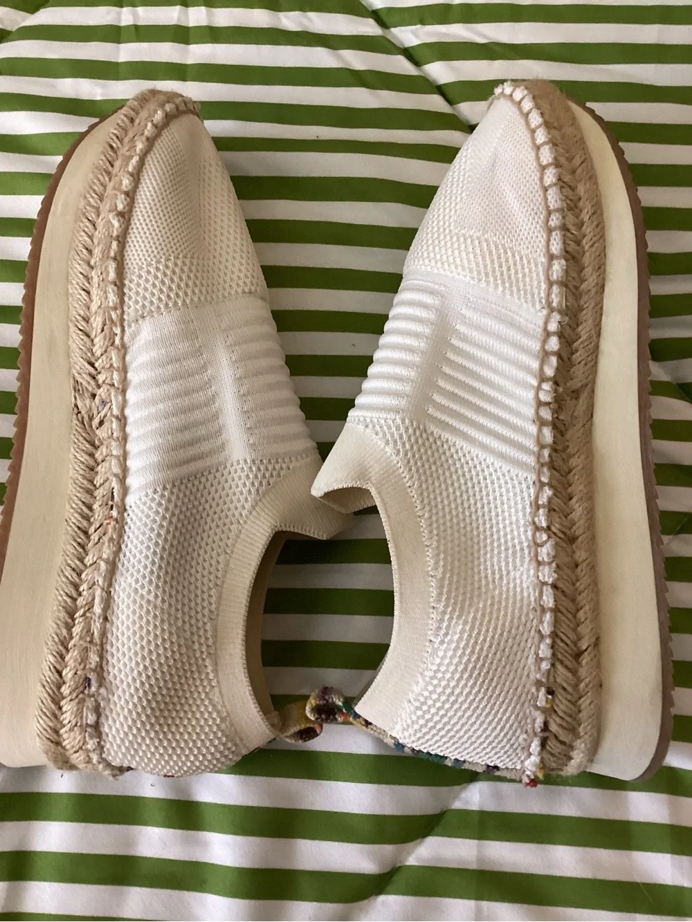 Sugar Cream Knit Espadrille Slip-Ons with Braided Jute Trim